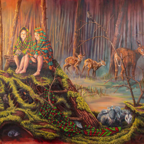 Colorful painting of a illustrative scene of two children int he woods near a family of deer and other animals. The children sit on top of a small pile of green roots.